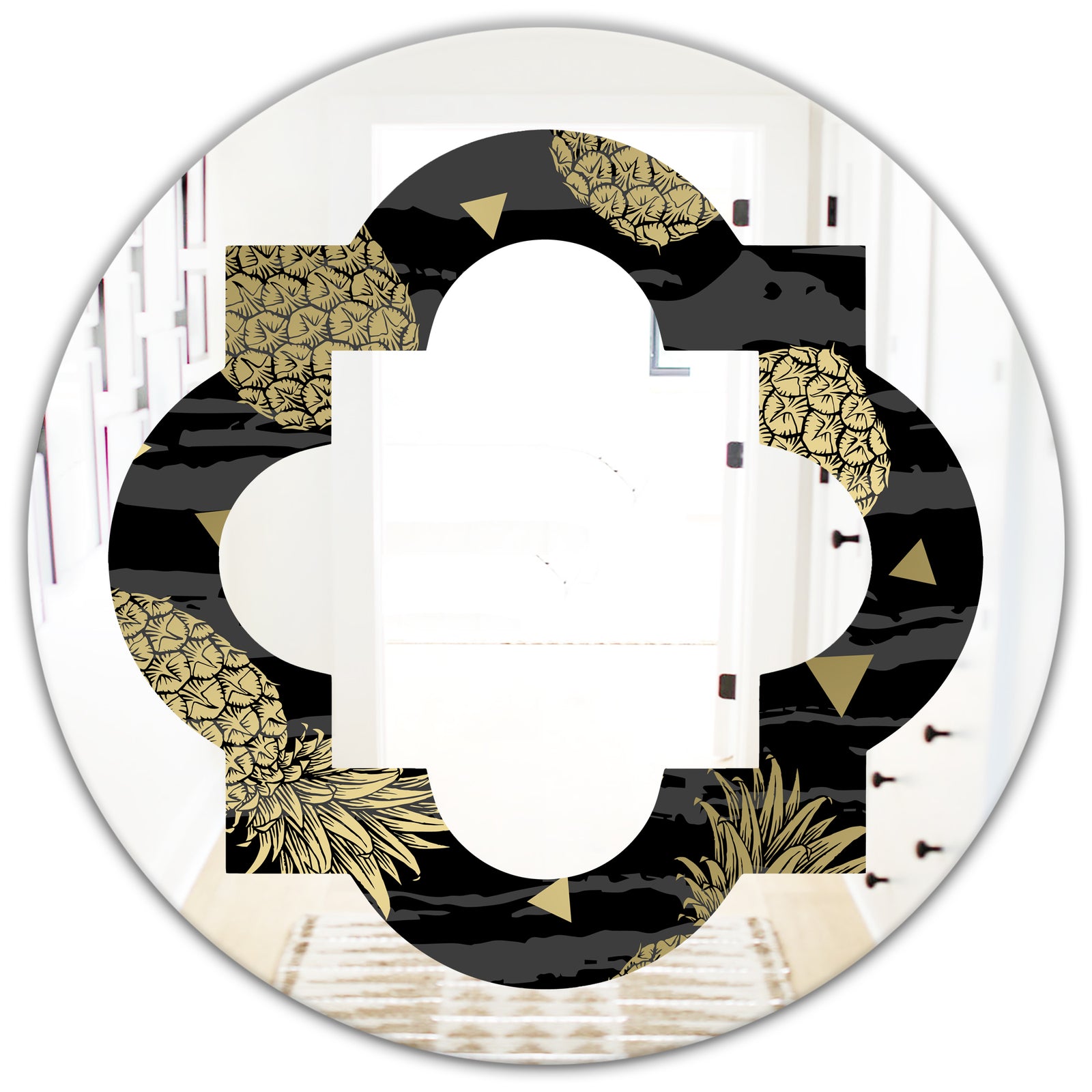 Golden Pineapple On Black - Modern Round or Oval Wall Mirror - Quatrefoil