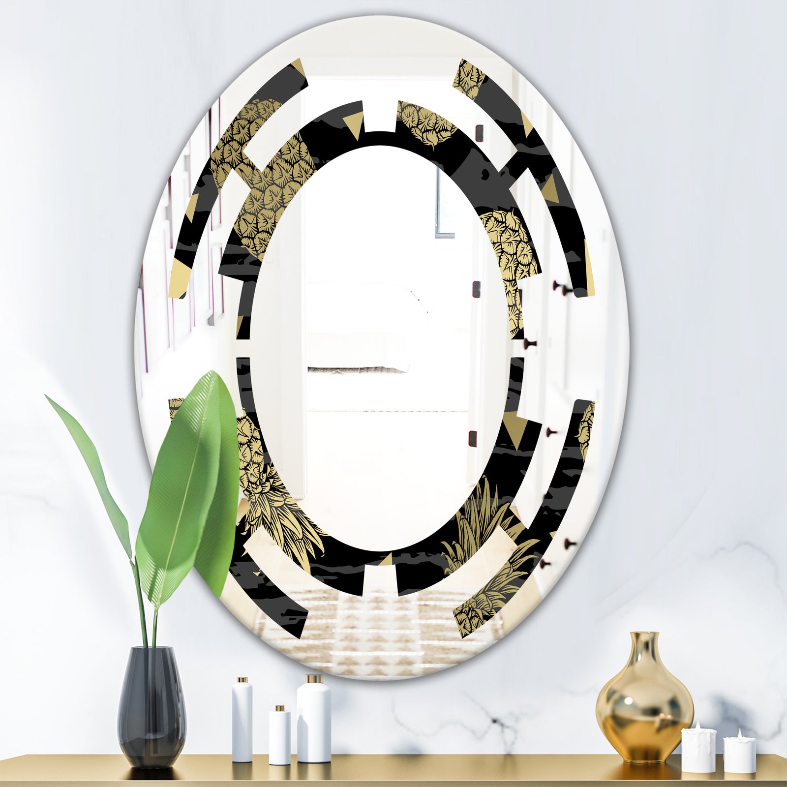 Golden Pineapple On Black - Modern Round or Oval Wall Mirror - Space