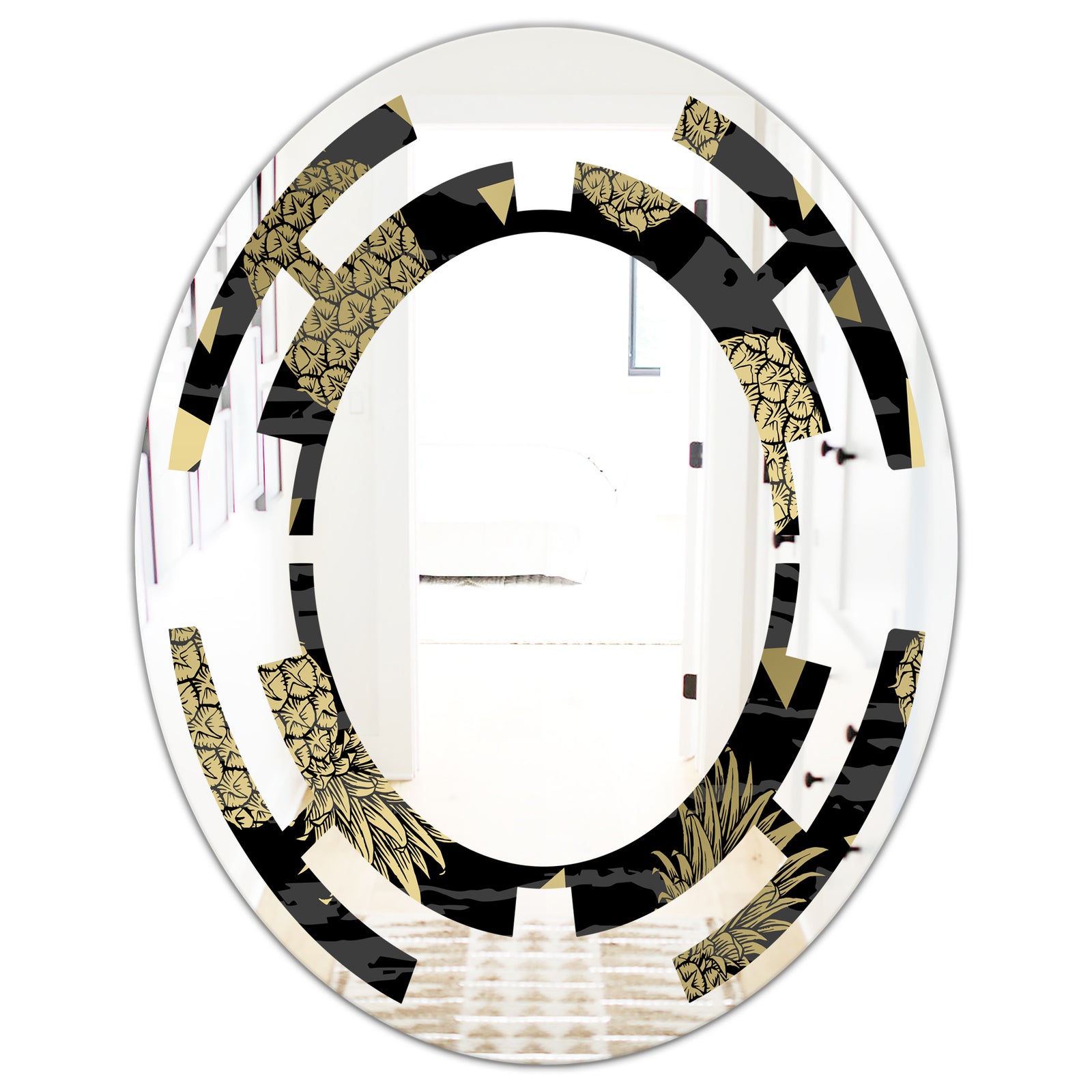 Golden Pineapple On Black - Modern Round or Oval Wall Mirror - Space