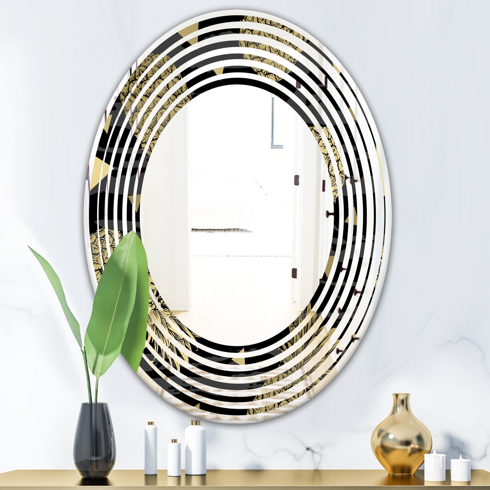 Golden Pineapple On Black - Modern Round or Oval Wall Mirror - Wave