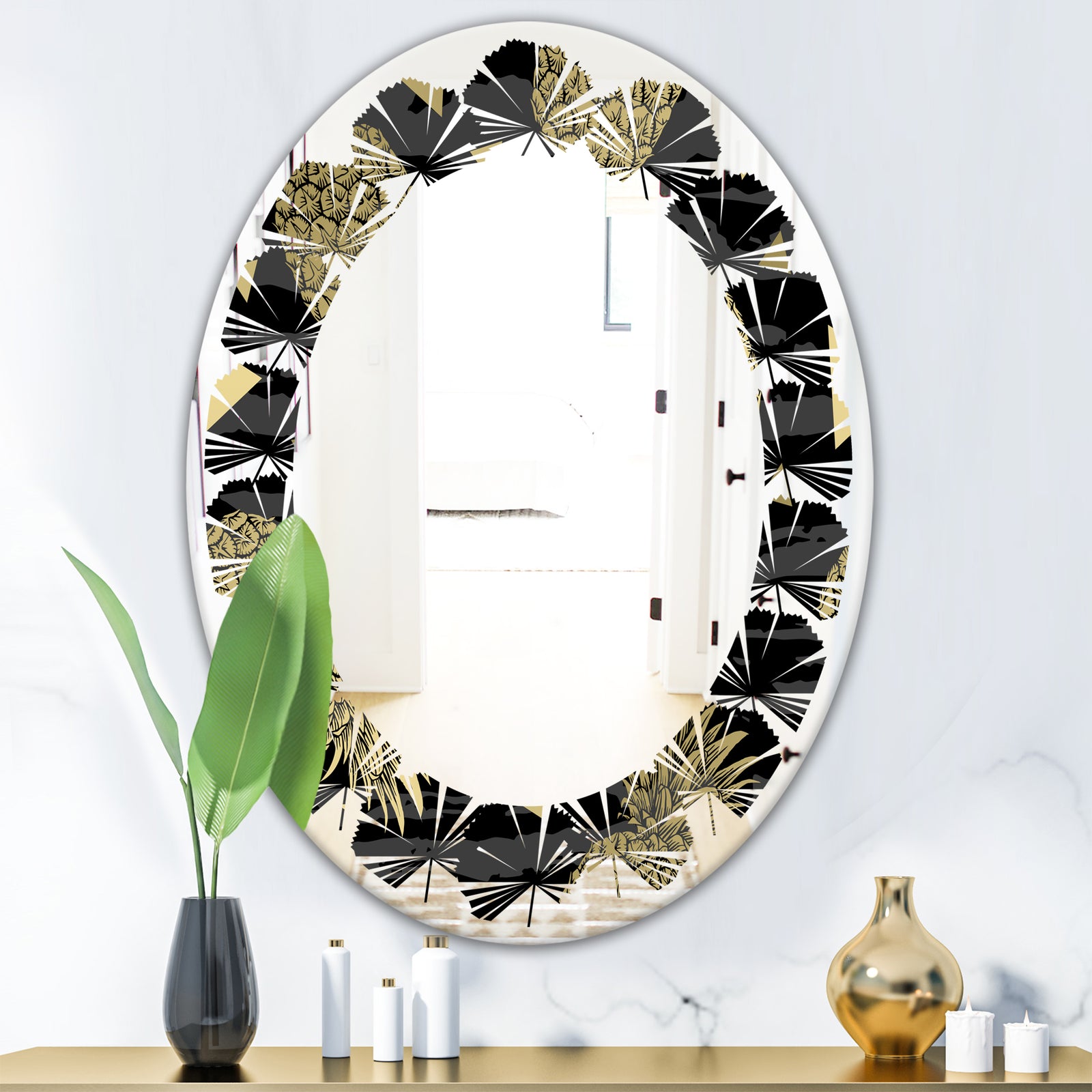Golden Pineapple On Black - Modern Round or Oval Wall Mirror - Leaves