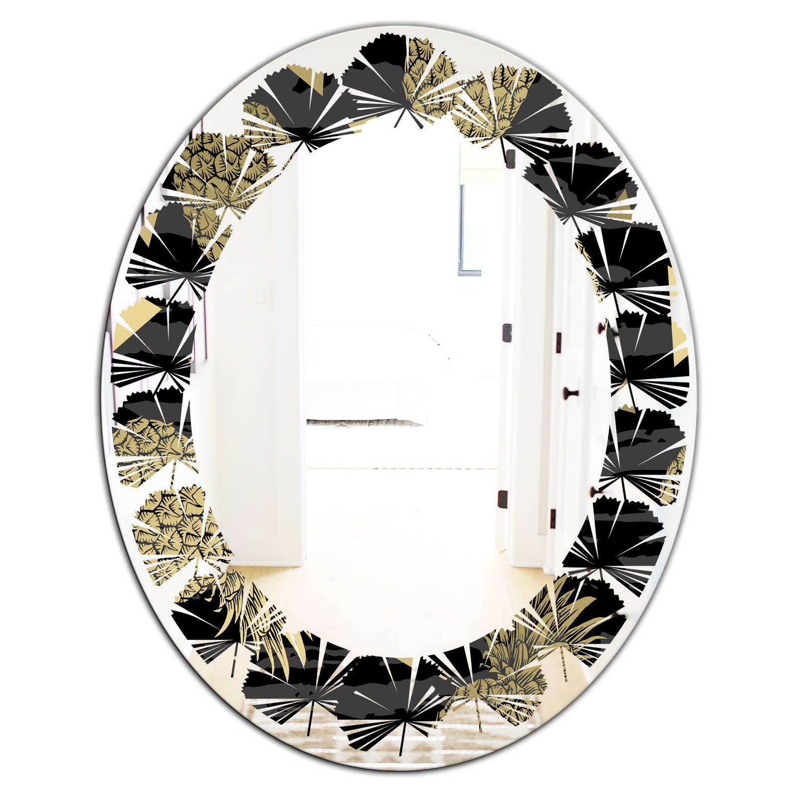 Golden Pineapple On Black - Modern Round or Oval Wall Mirror - Leaves