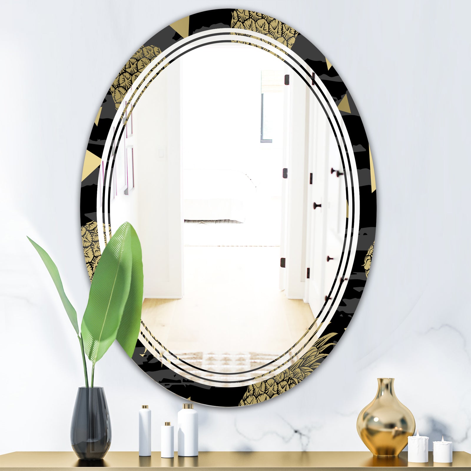 Golden Pineapple On Black - Modern Round or Oval Wall Mirror - Triple C