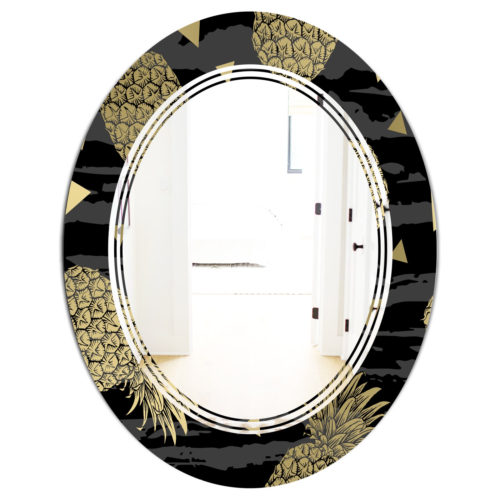 Golden Pineapple On Black - Modern Round or Oval Wall Mirror - Triple C