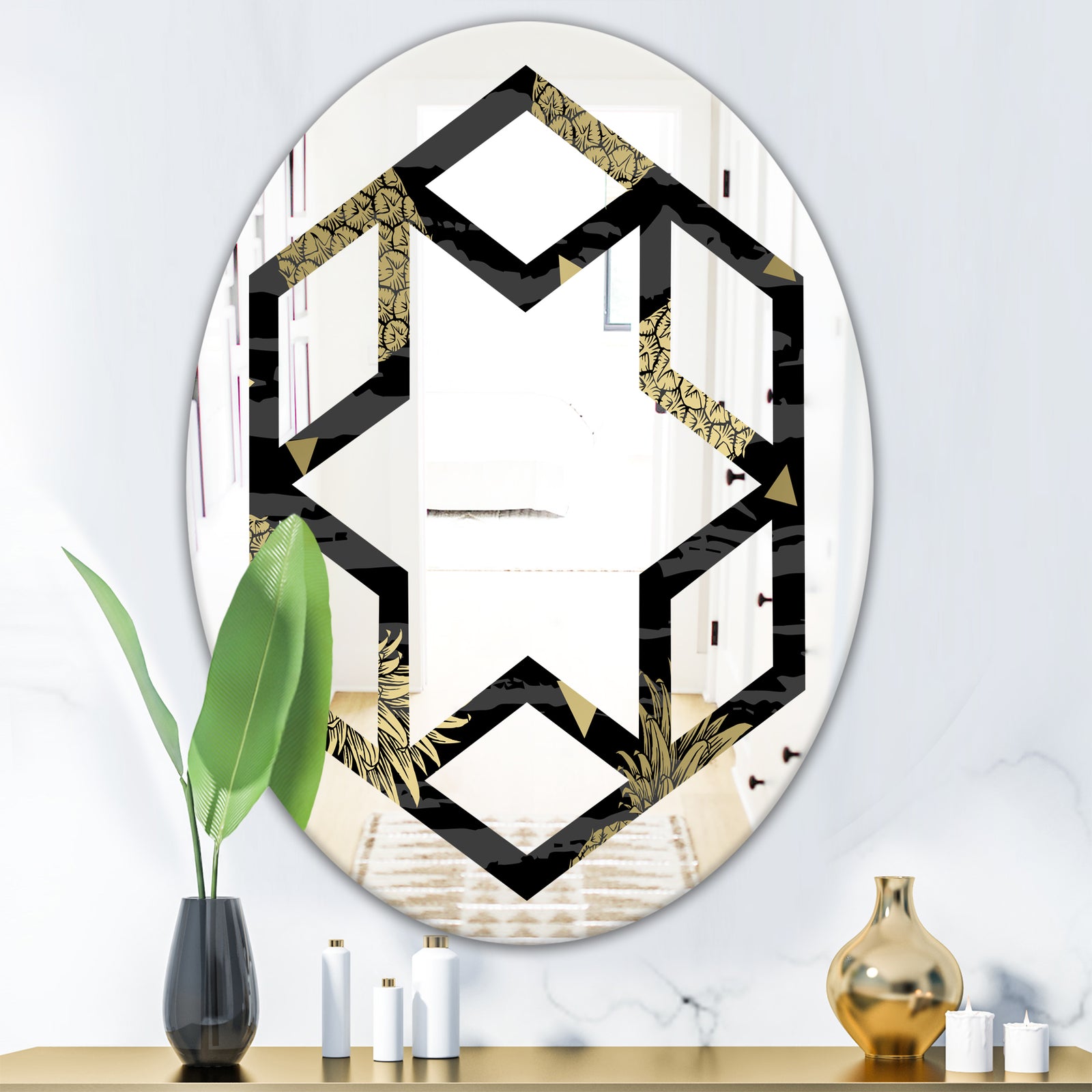 Golden Pineapple On Black - Modern Round or Oval Wall Mirror - Hexagon Star