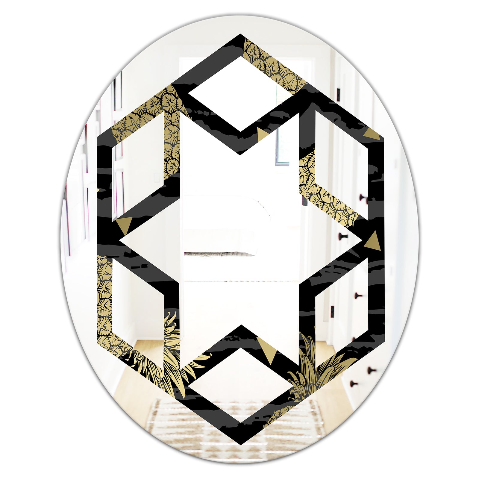 Golden Pineapple On Black - Modern Round or Oval Wall Mirror - Hexagon Star