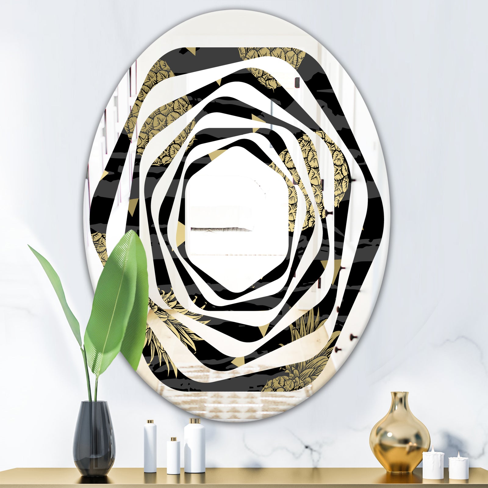 Golden Pineapple On Black - Modern Round or Oval Wall Mirror - Whirl