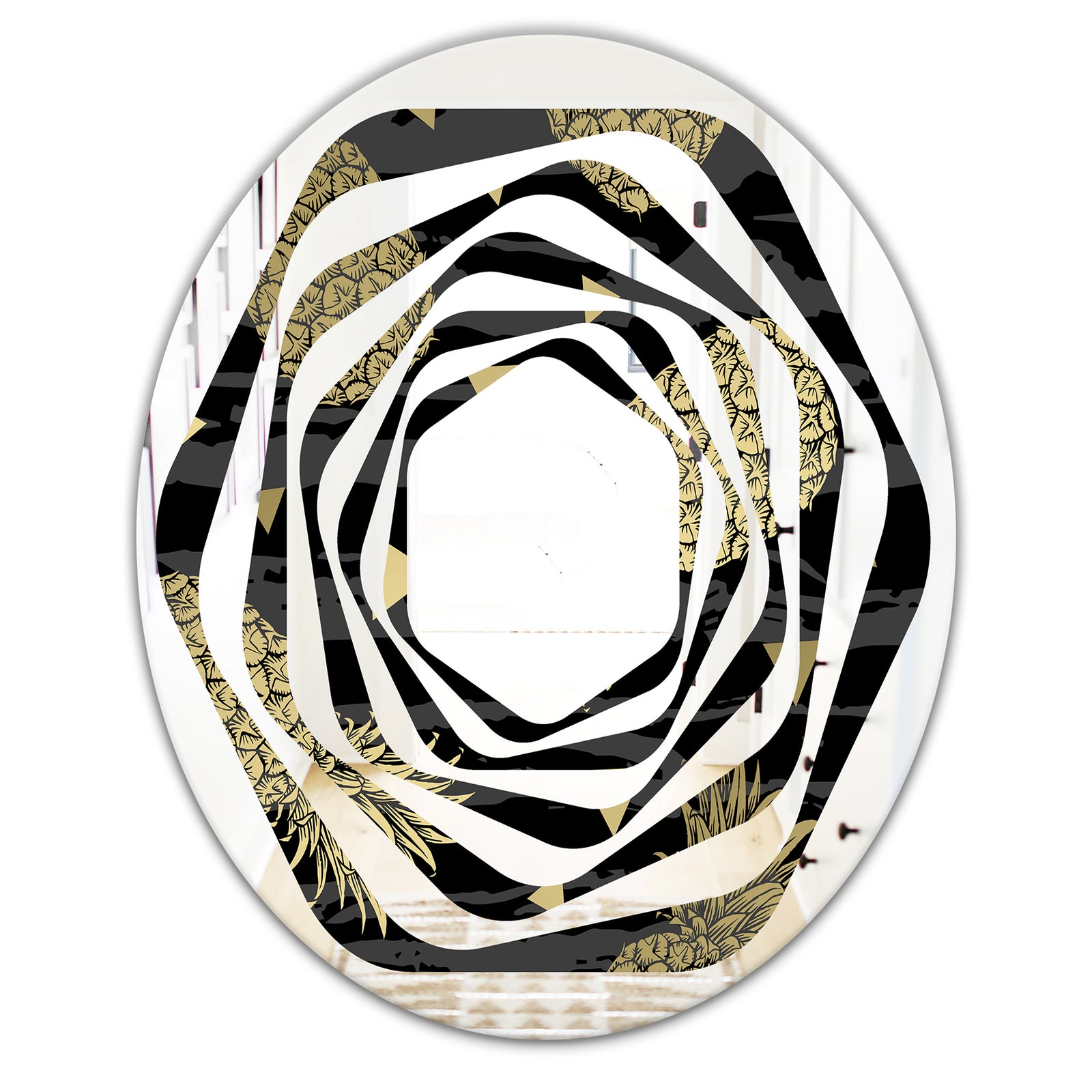Golden Pineapple On Black - Modern Round or Oval Wall Mirror - Whirl
