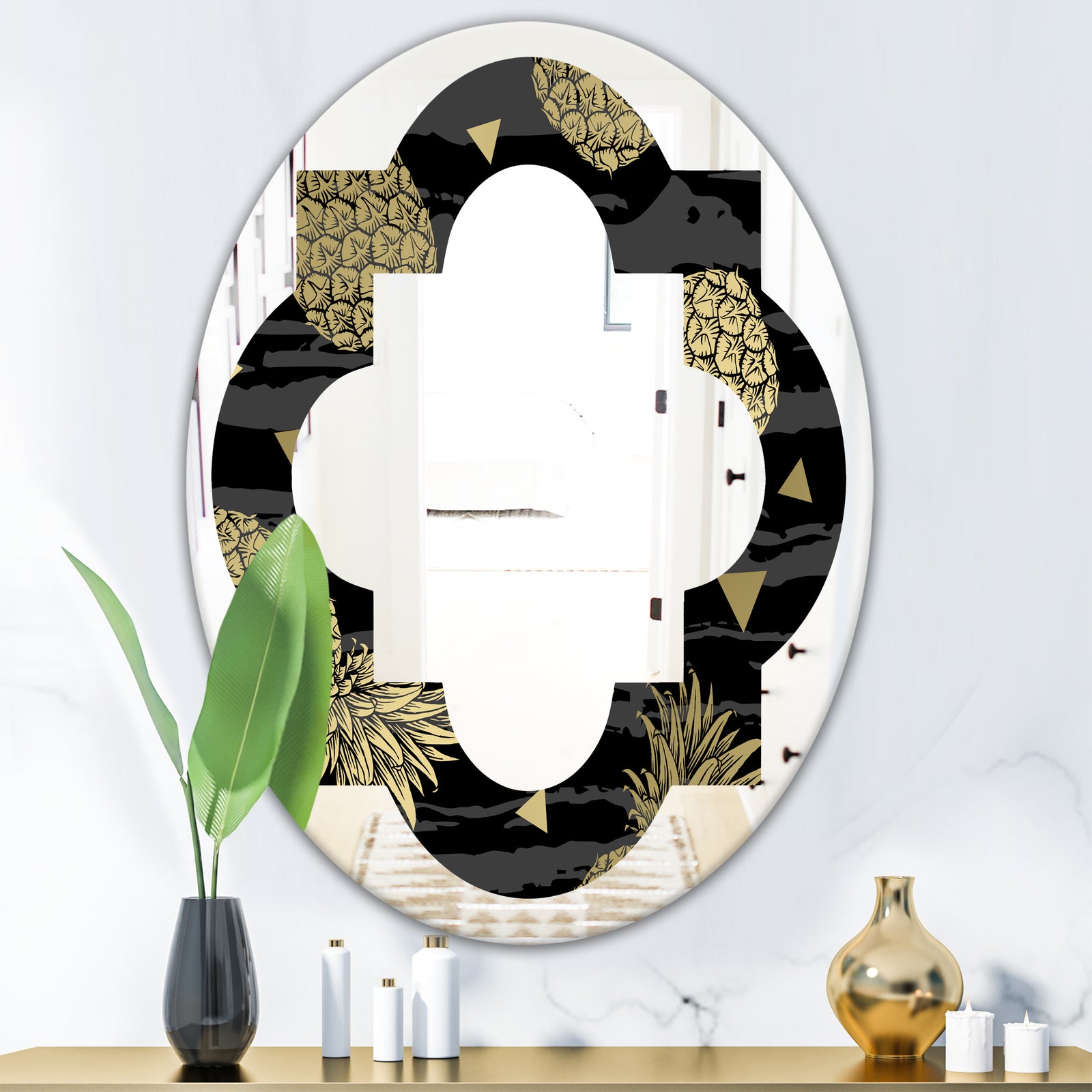 Golden Pineapple On Black - Modern Round or Oval Wall Mirror - Quatrefoil