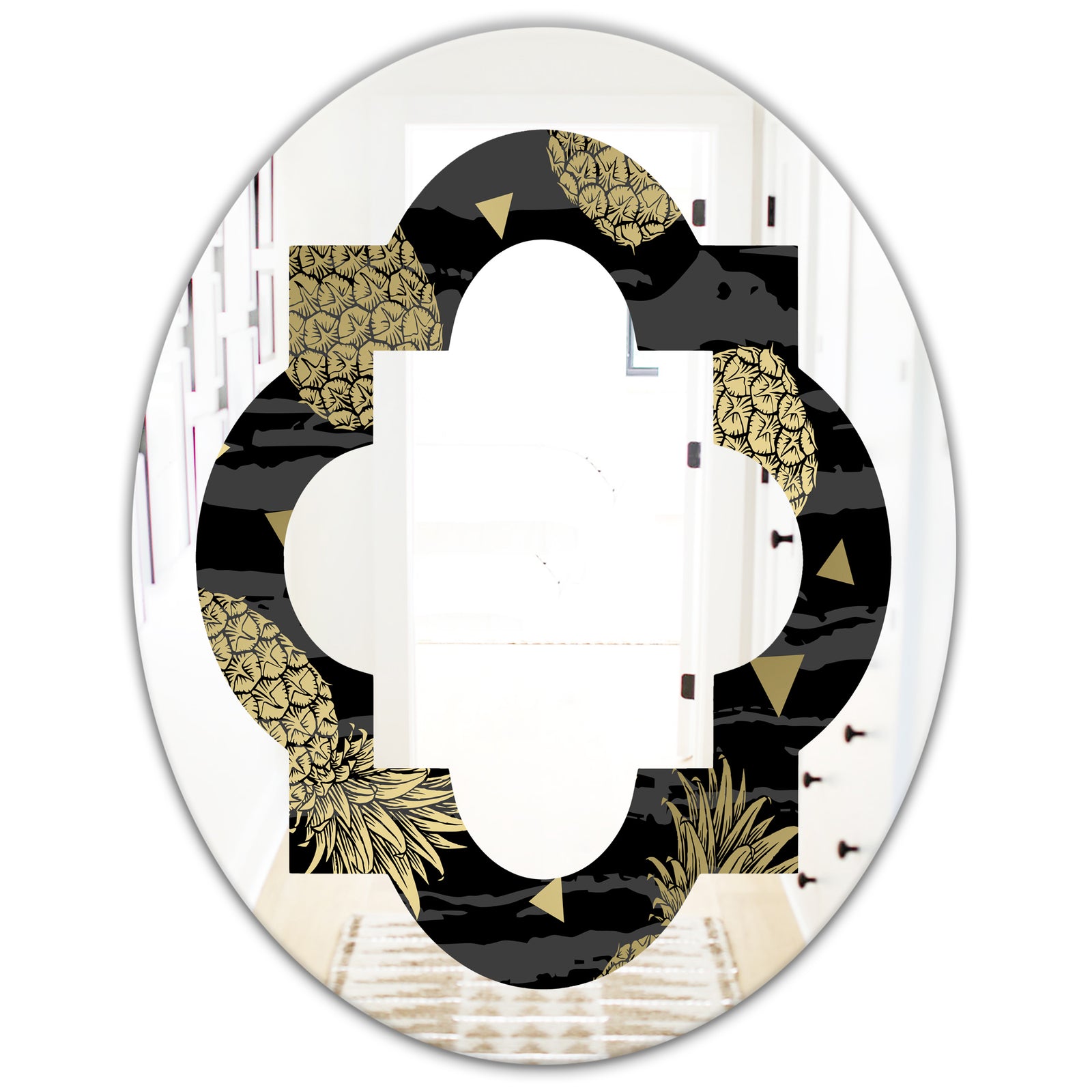 Golden Pineapple On Black - Modern Round or Oval Wall Mirror - Quatrefoil