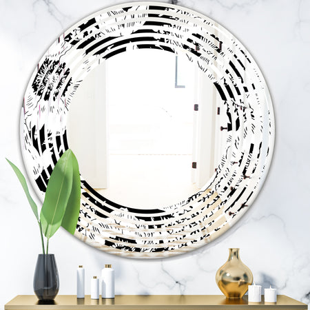 Retro Monochrome Flowers Pattern - Cottage Round or Oval Wall Mirror - Wave