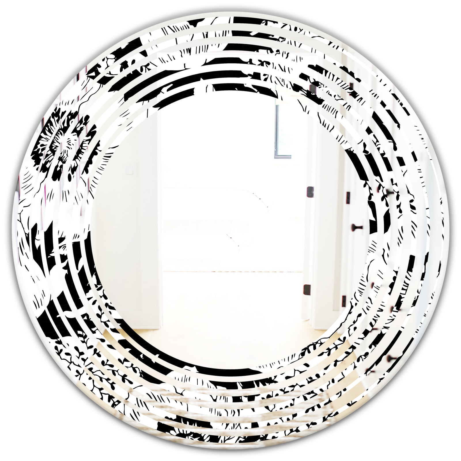 Retro Monochrome Flowers Pattern - Cottage Round or Oval Wall Mirror - Wave