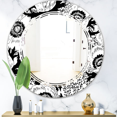 Retro Monochrome Flowers Pattern - Cottage Round or Oval Wall Mirror - Triple C