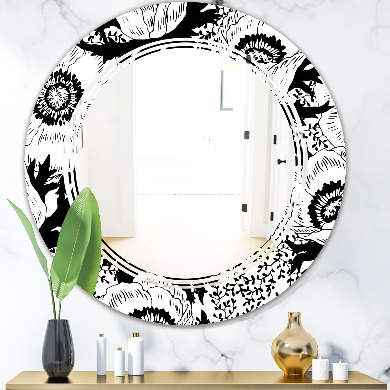 Retro Monochrome Flowers Pattern - Cottage Round or Oval Wall Mirror - Triple C