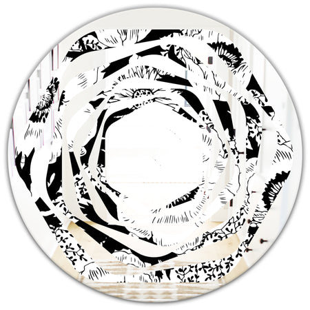 Retro Monochrome Flowers Pattern - Cottage Round or Oval Wall Mirror - Whirl