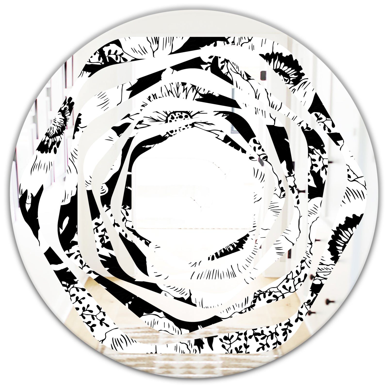 Retro Monochrome Flowers Pattern - Cottage Round or Oval Wall Mirror - Whirl