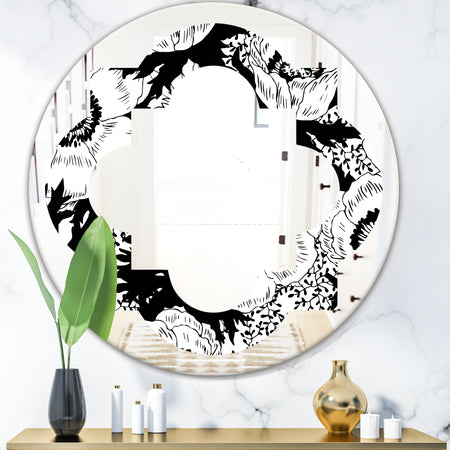 Retro Monochrome Flowers Pattern - Cottage Round or Oval Wall Mirror - Quatrefoil