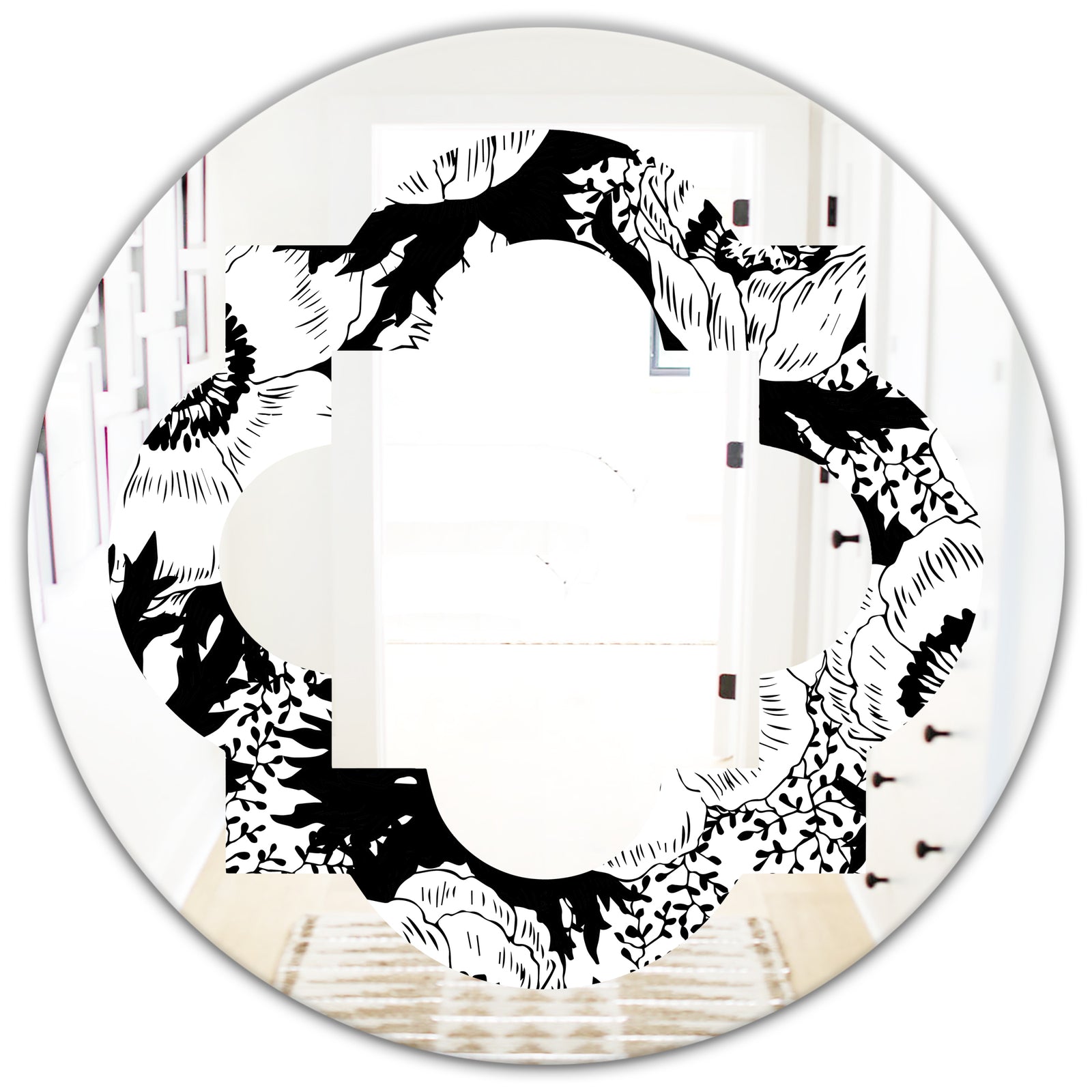 Retro Monochrome Flowers Pattern - Cottage Round or Oval Wall Mirror - Quatrefoil