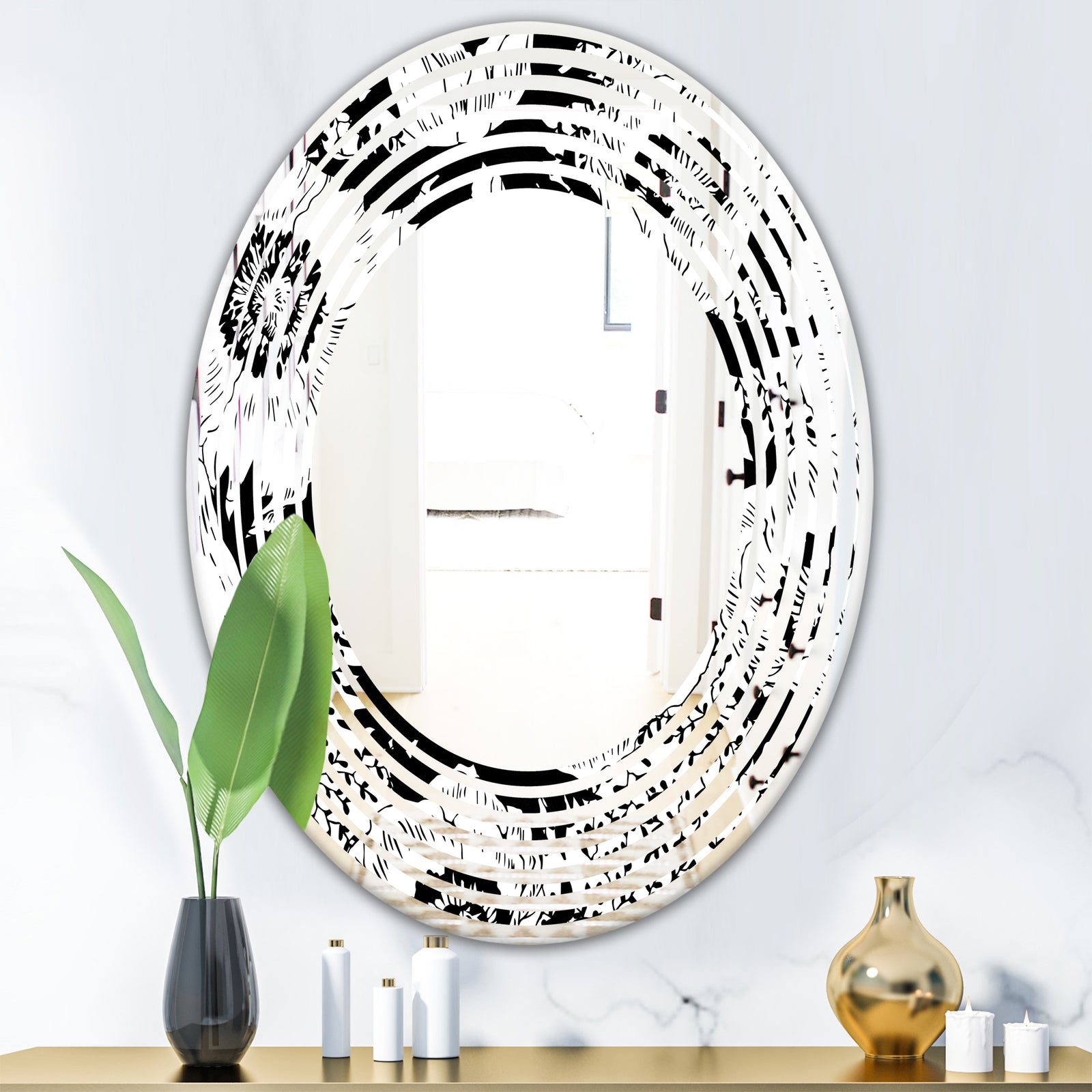 Retro Monochrome Flowers Pattern - Cottage Round or Oval Wall Mirror - Wave