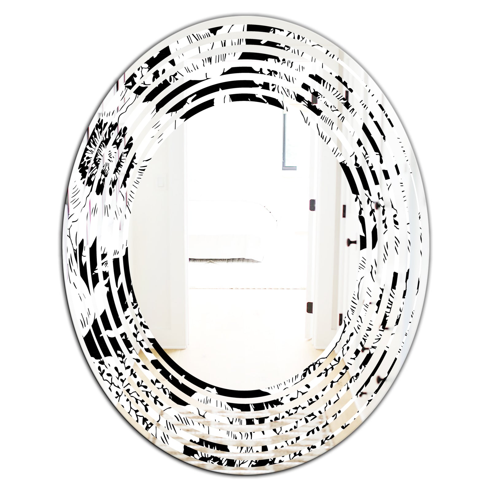 Retro Monochrome Flowers Pattern - Cottage Round or Oval Wall Mirror - Wave
