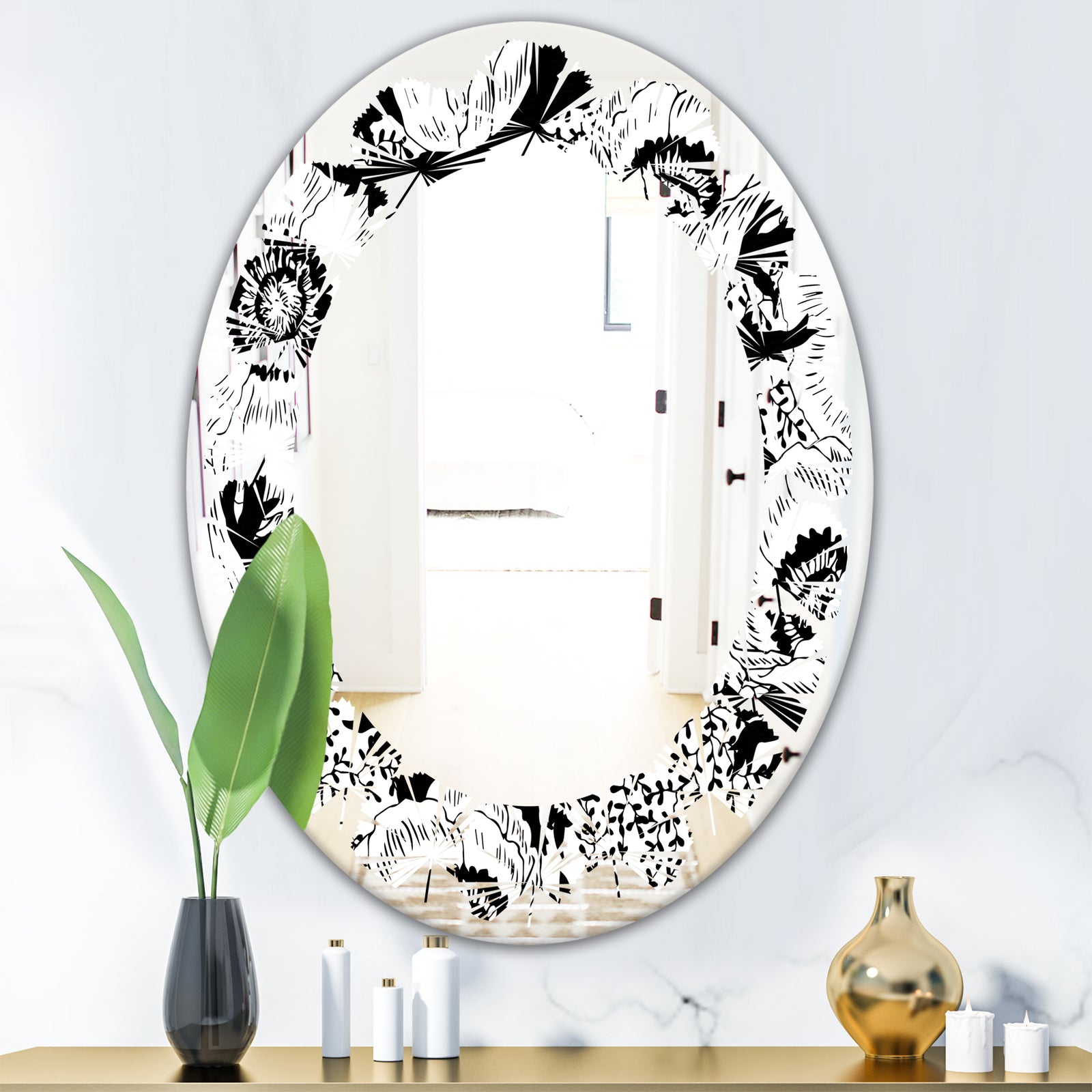 Retro Monochrome Flowers Pattern - Cottage Round or Oval Wall Mirror - Leaves