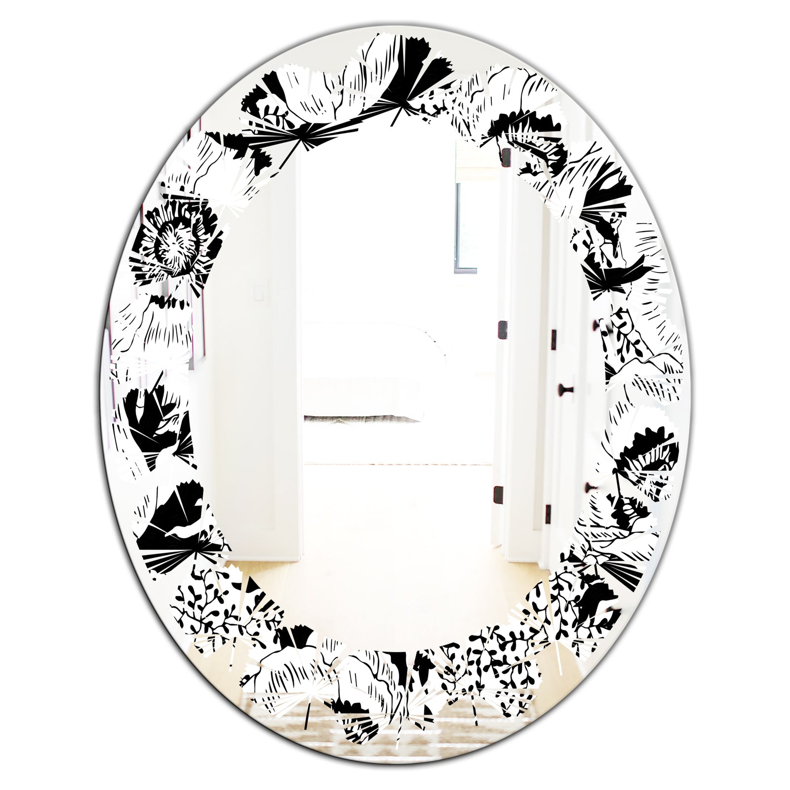 Retro Monochrome Flowers Pattern - Cottage Round or Oval Wall Mirror - Leaves