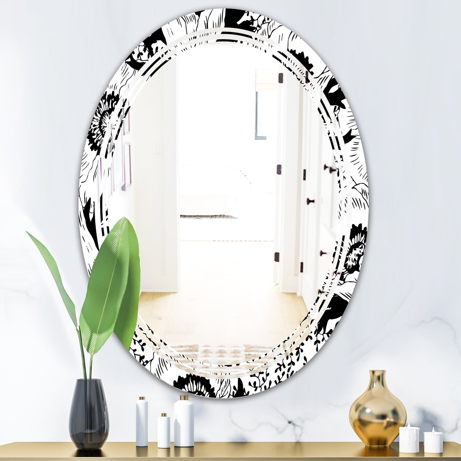 Retro Monochrome Flowers Pattern - Cottage Round or Oval Wall Mirror - Triple C