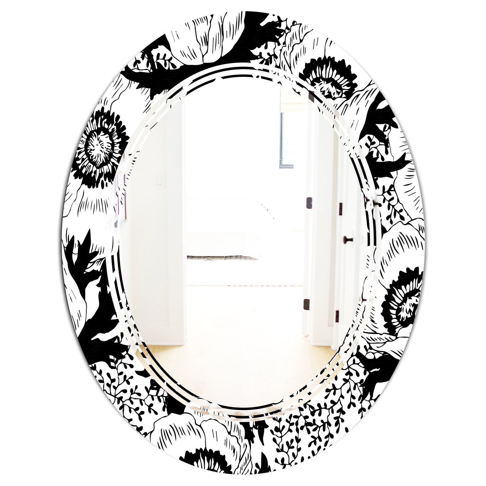 Retro Monochrome Flowers Pattern - Cottage Round or Oval Wall Mirror - Triple C