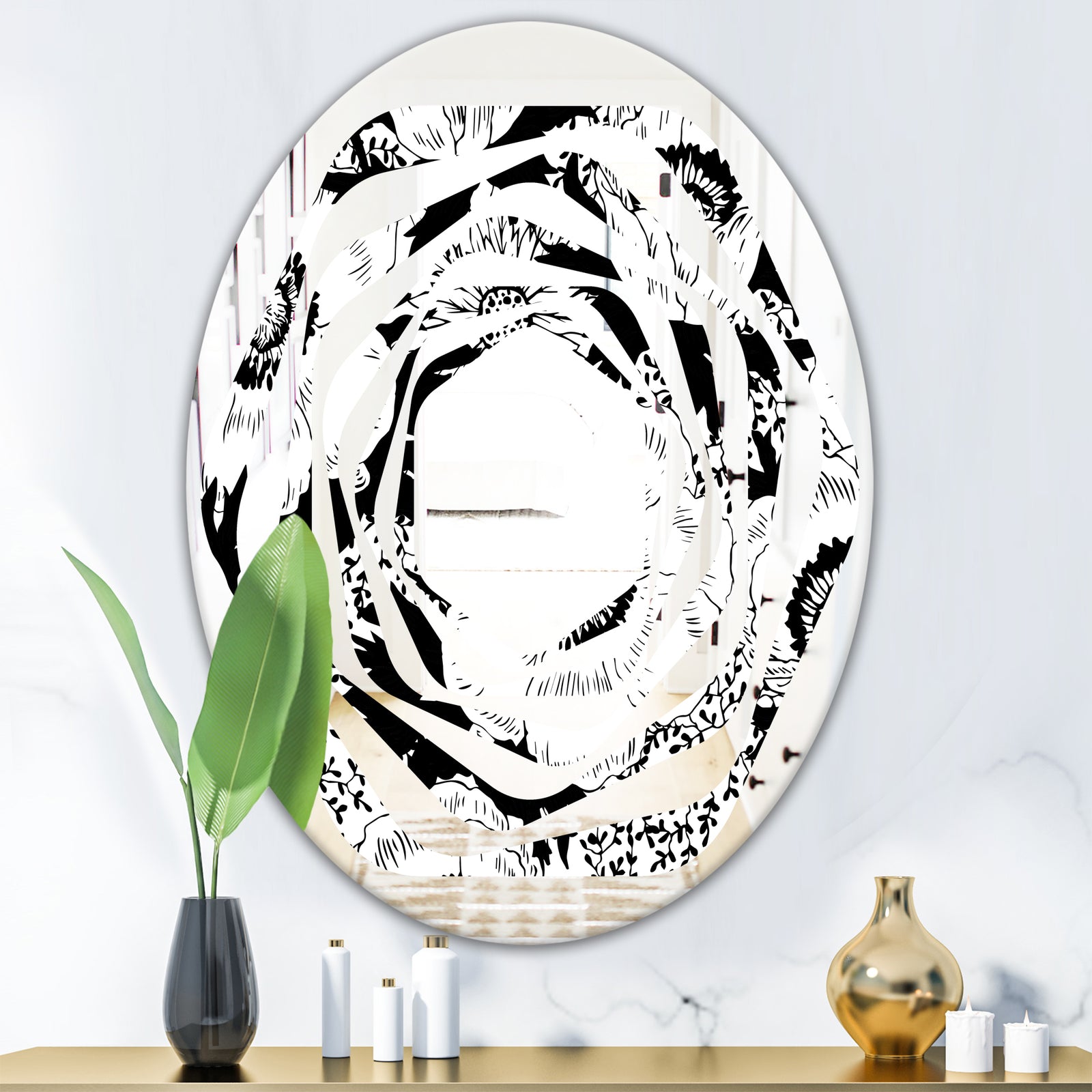 Retro Monochrome Flowers Pattern - Cottage Round or Oval Wall Mirror - Whirl