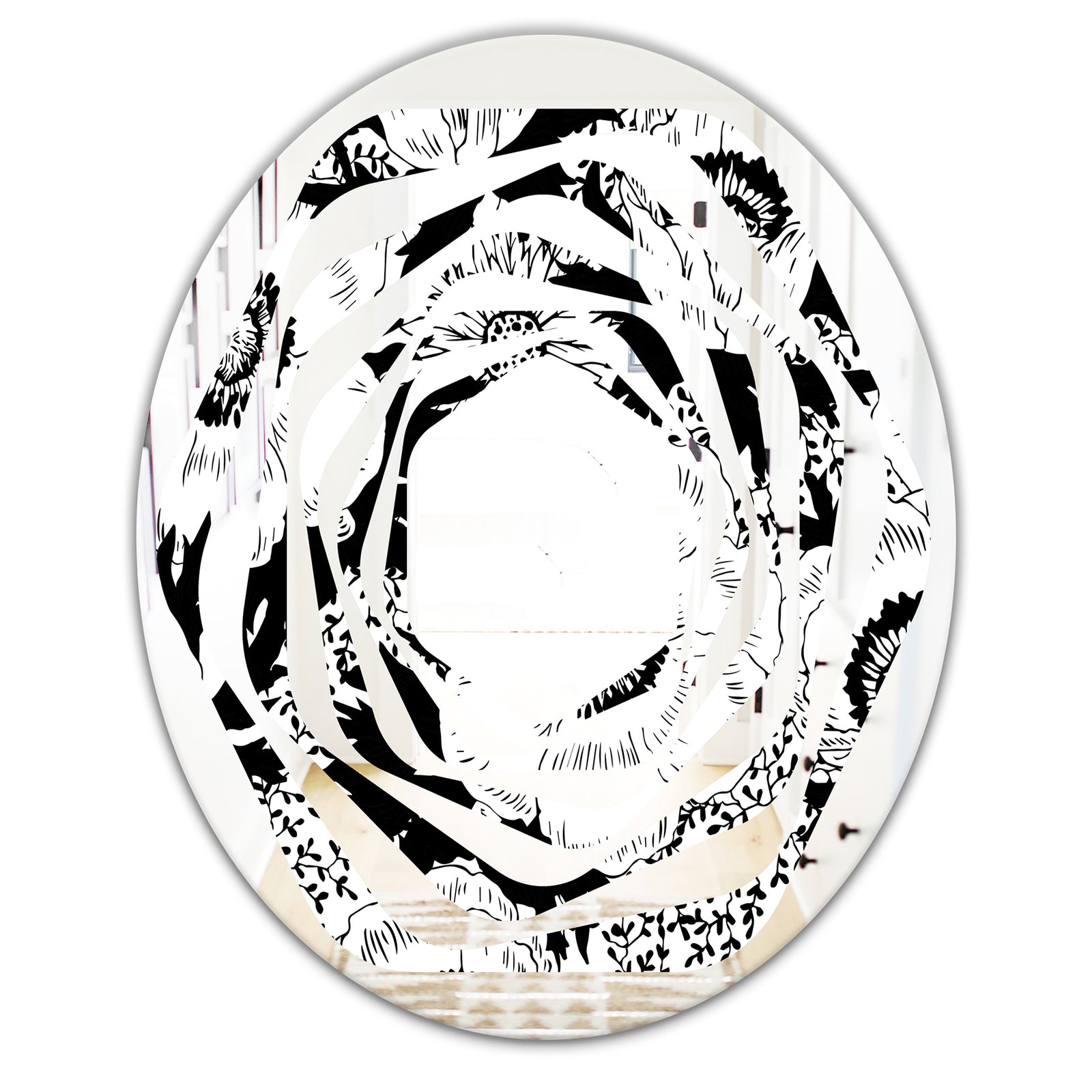Retro Monochrome Flowers Pattern - Cottage Round or Oval Wall Mirror - Whirl