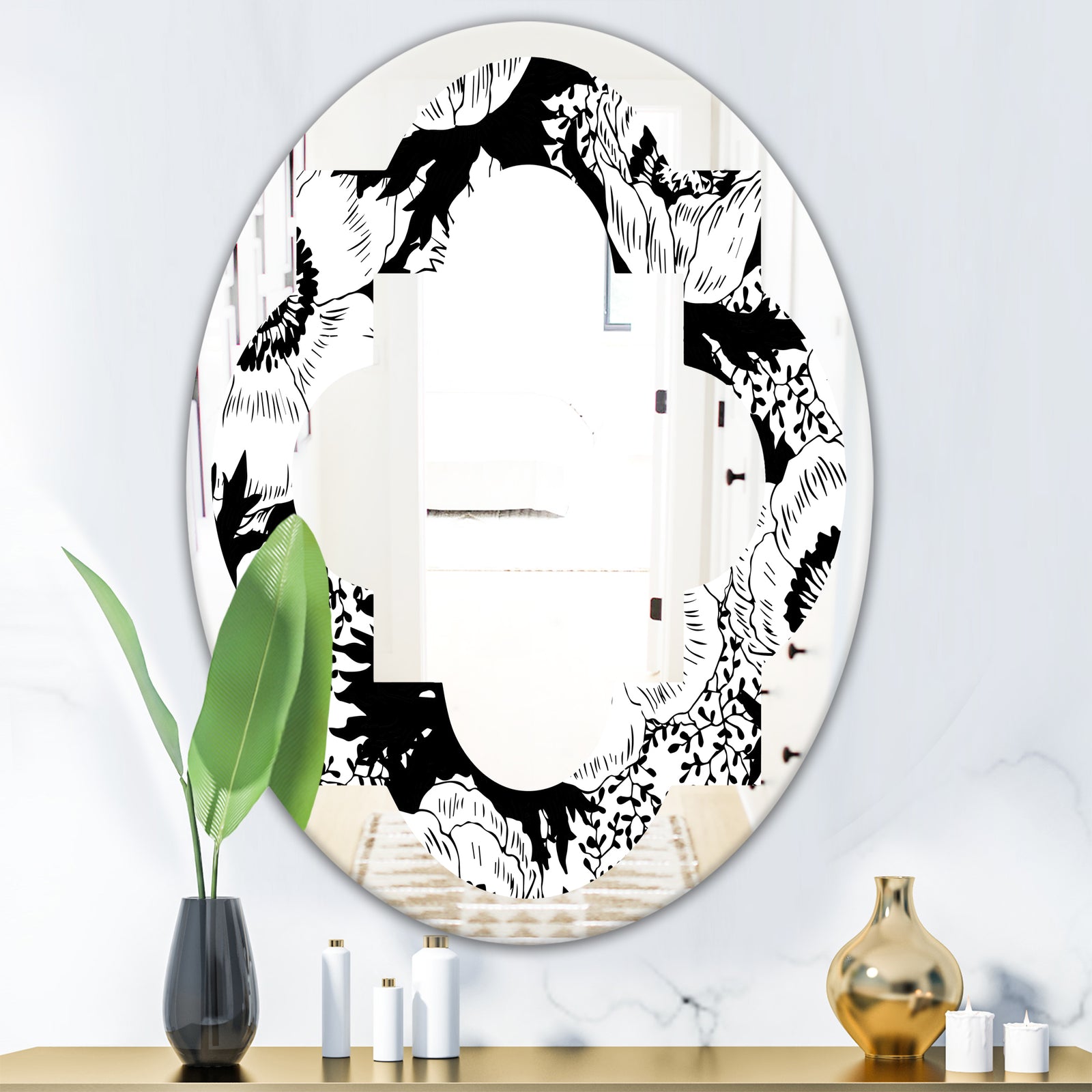 Retro Monochrome Flowers Pattern - Cottage Round or Oval Wall Mirror - Quatrefoil