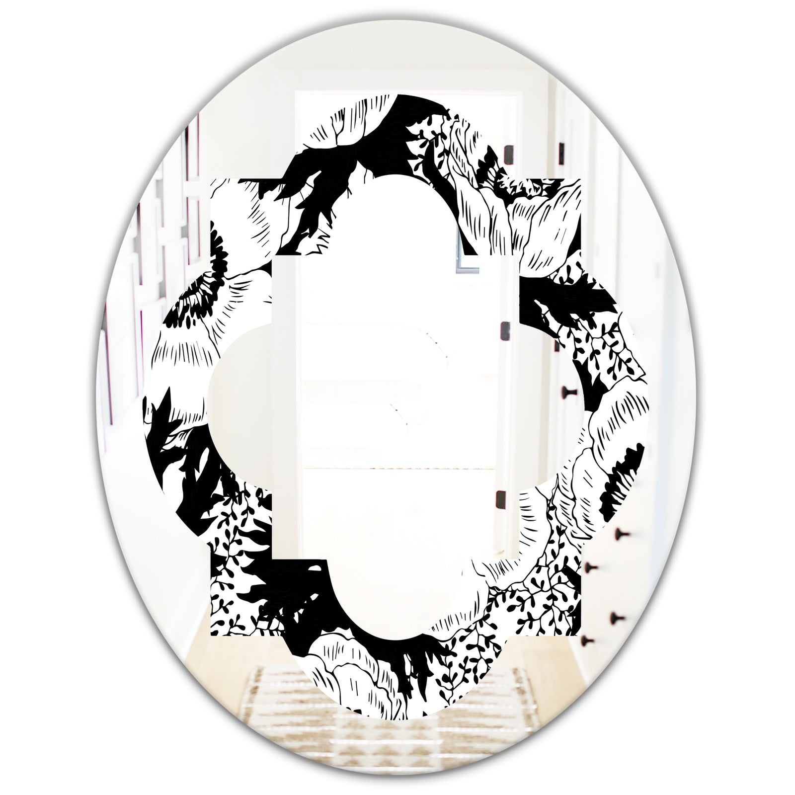 Retro Monochrome Flowers Pattern - Cottage Round or Oval Wall Mirror - Quatrefoil