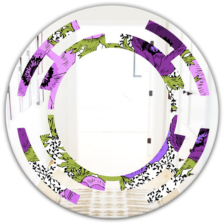 Purple Retro Fantasy Flowers - Cottage Round or Oval Wall Mirror - Space