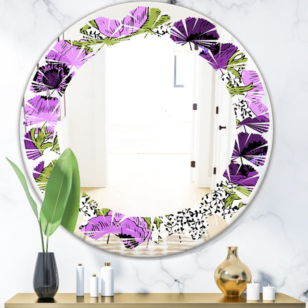 Purple Retro Fantasy Flowers - Cottage Round or Oval Wall Mirror - Leaves