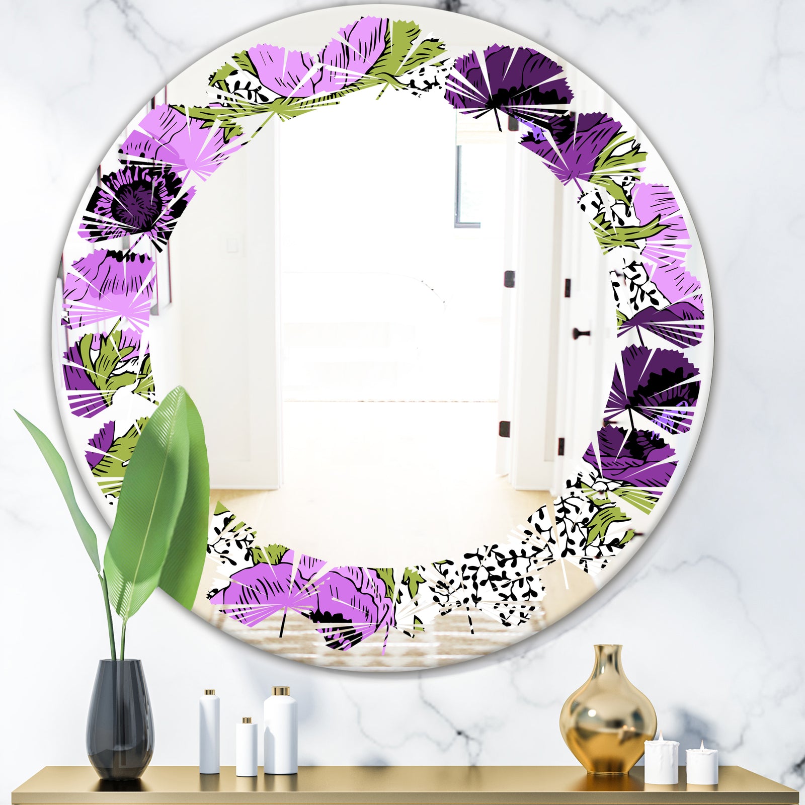 Purple Retro Fantasy Flowers - Cottage Round or Oval Wall Mirror - Leaves