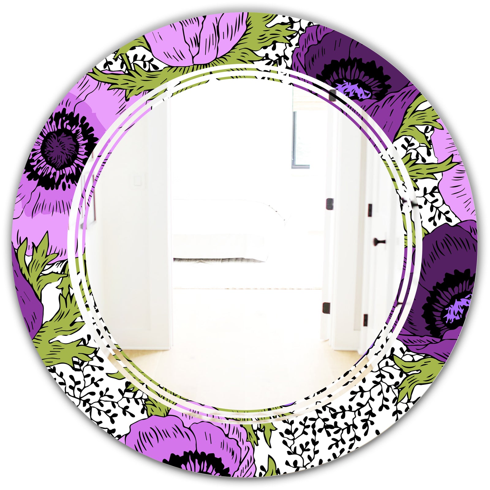 Purple Retro Fantasy Flowers - Cottage Round or Oval Wall Mirror - Triple C
