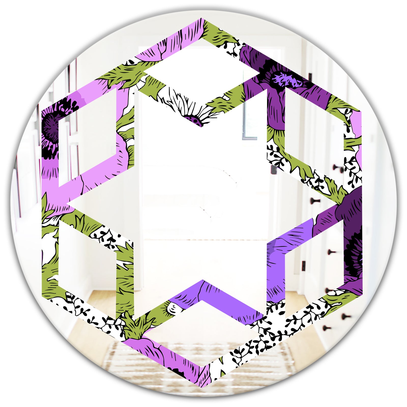 Purple Retro Fantasy Flowers - Cottage Round or Oval Wall Mirror - Hexagon Star