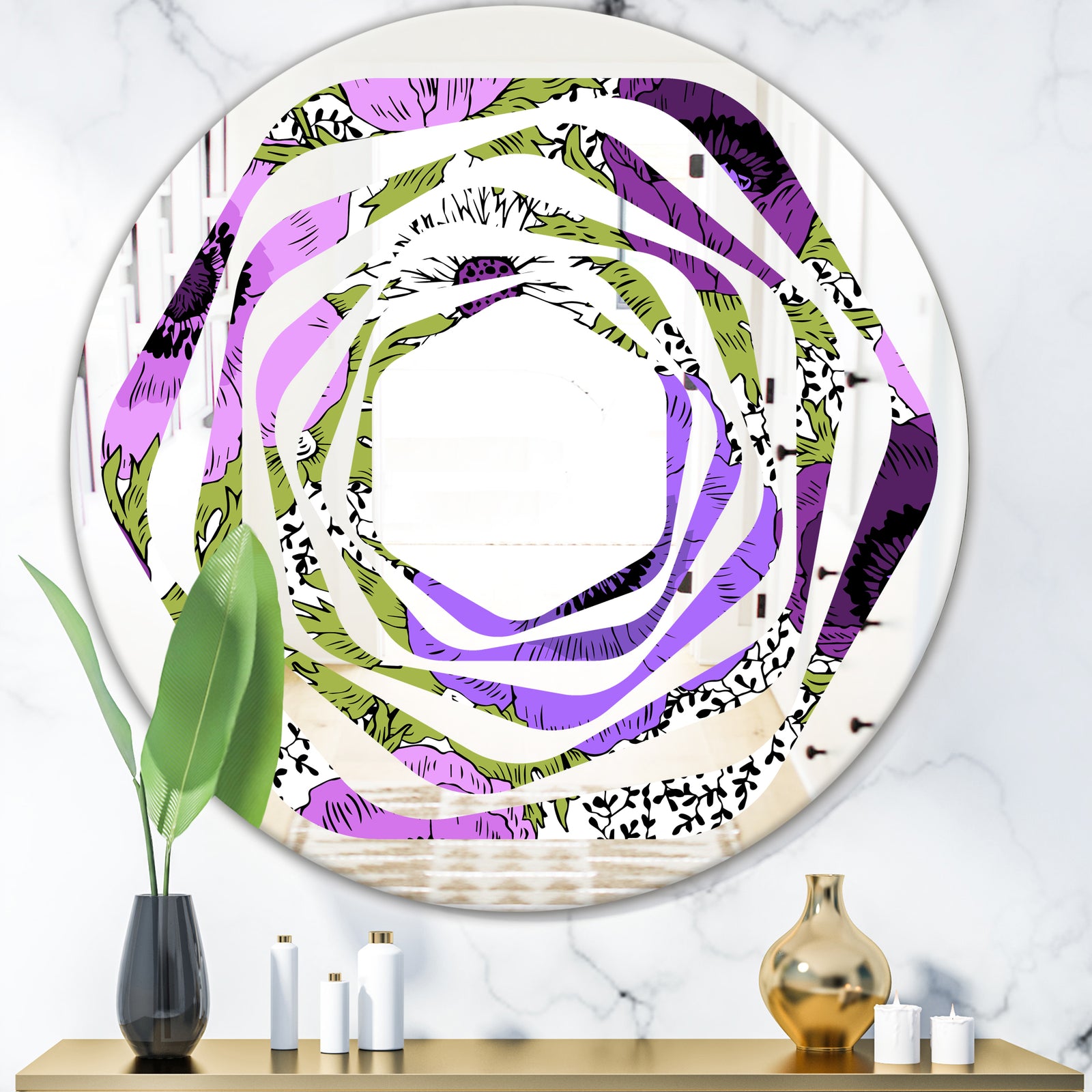Purple Retro Fantasy Flowers - Cottage Round or Oval Wall Mirror - Whirl