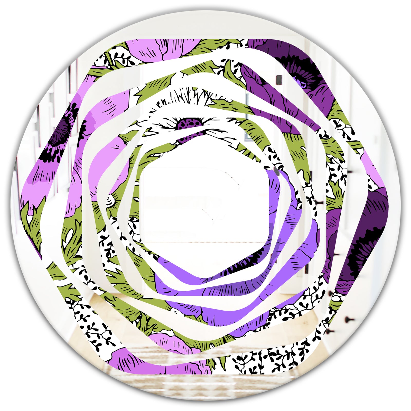 Purple Retro Fantasy Flowers - Cottage Round or Oval Wall Mirror - Whirl