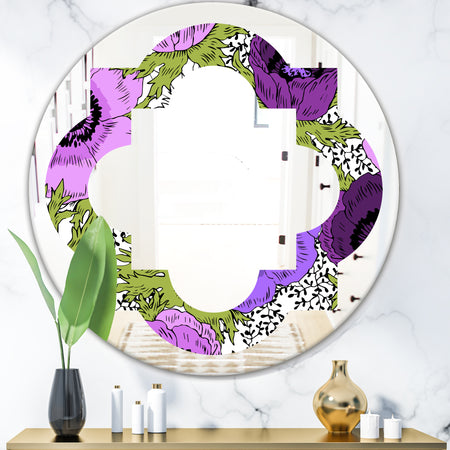 Purple Retro Fantasy Flowers - Cottage Round or Oval Wall Mirror - Quatrefoil