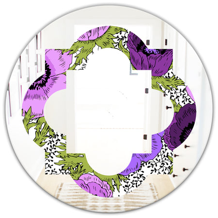 Purple Retro Fantasy Flowers - Cottage Round or Oval Wall Mirror - Quatrefoil