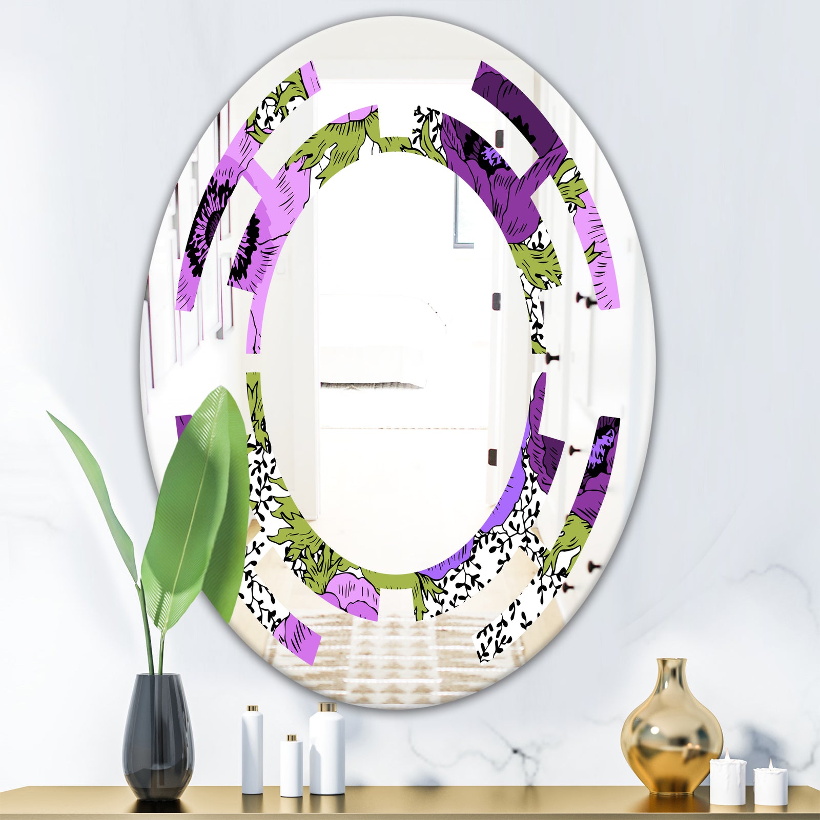 Purple Retro Fantasy Flowers - Cottage Round or Oval Wall Mirror - Space
