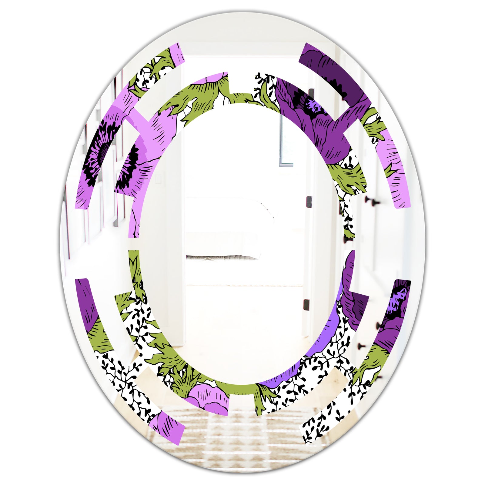 Purple Retro Fantasy Flowers - Cottage Round or Oval Wall Mirror - Space