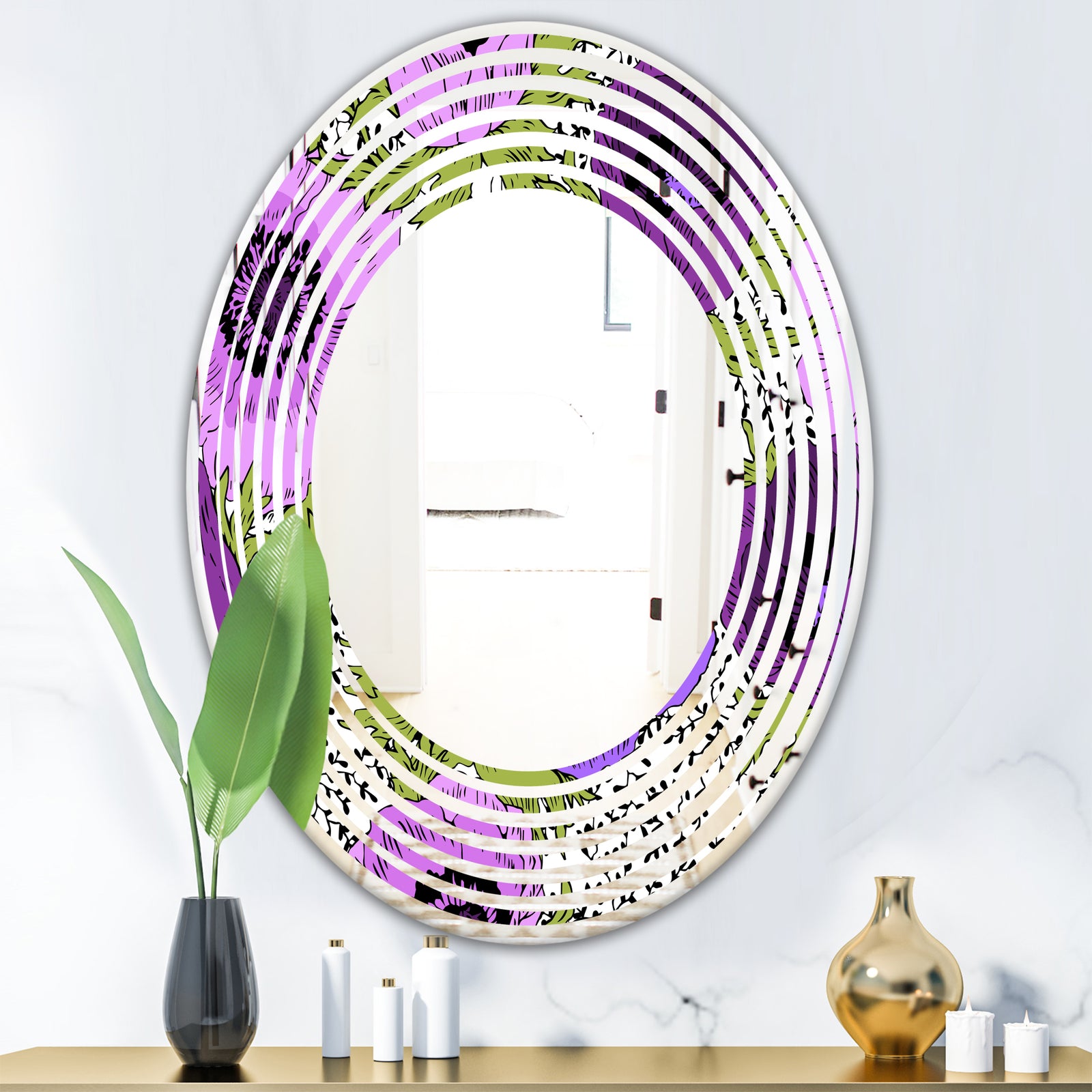 Purple Retro Fantasy Flowers - Cottage Round or Oval Wall Mirror - Wave