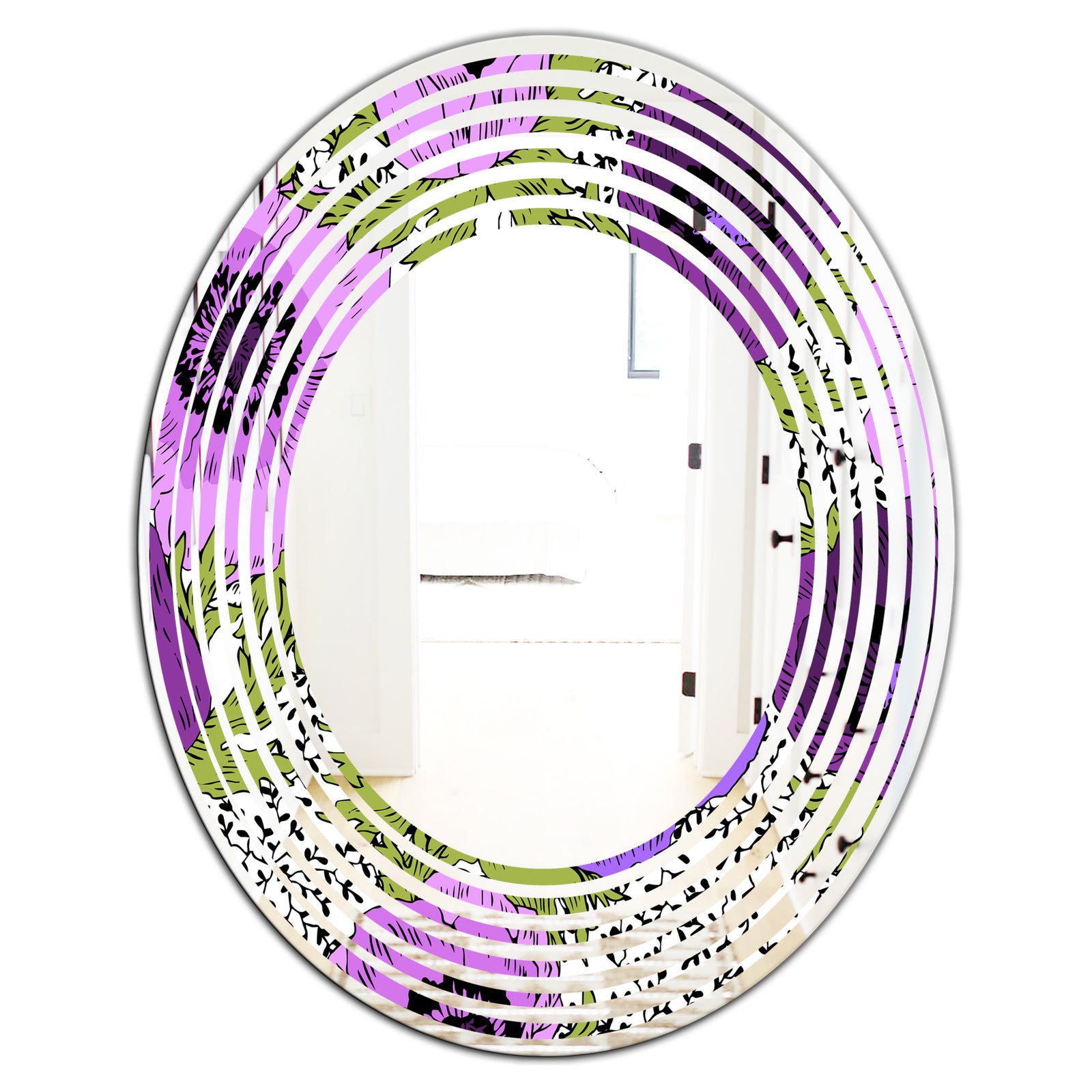 Purple Retro Fantasy Flowers - Cottage Round or Oval Wall Mirror - Wave