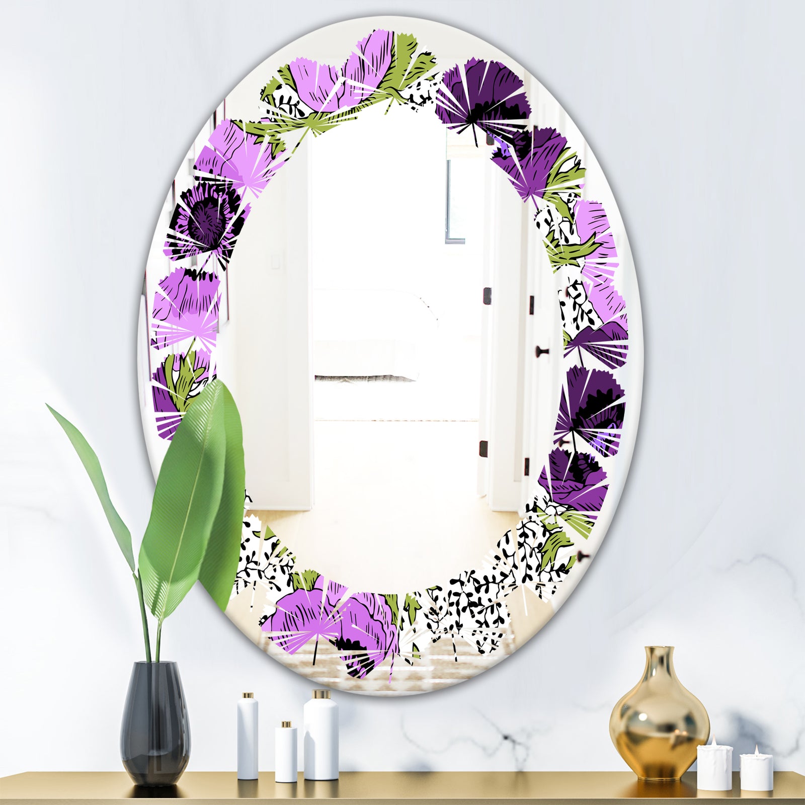 Purple Retro Fantasy Flowers - Cottage Round or Oval Wall Mirror - Leaves