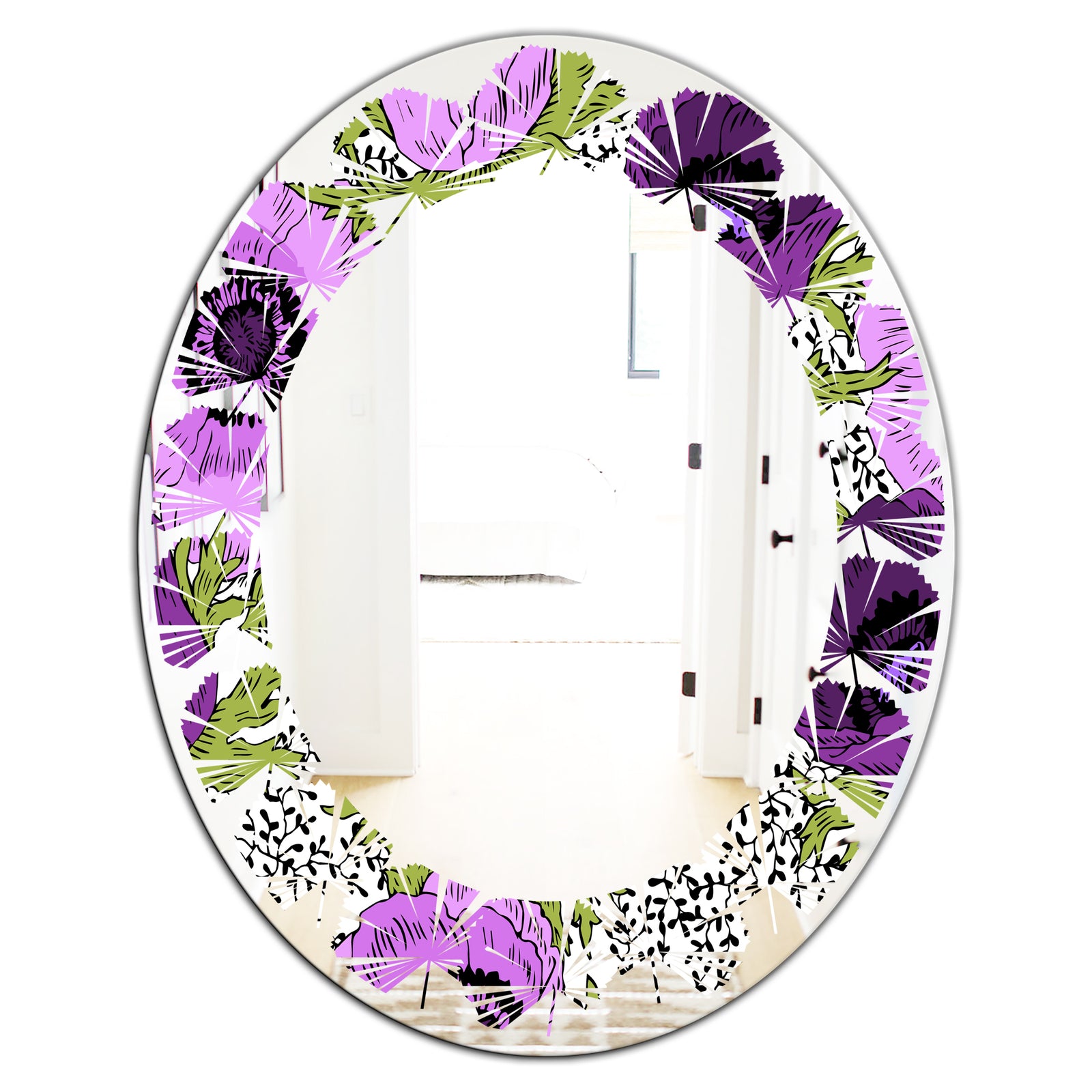 Purple Retro Fantasy Flowers - Cottage Round or Oval Wall Mirror - Leaves