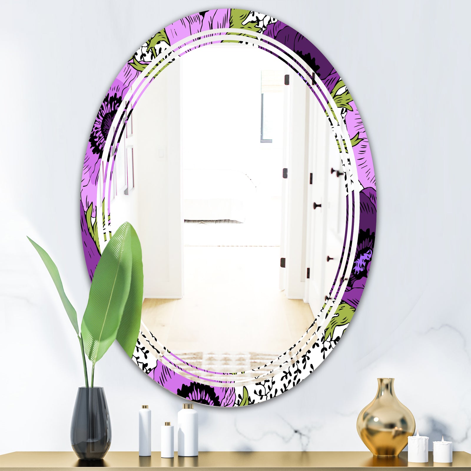 Purple Retro Fantasy Flowers - Cottage Round or Oval Wall Mirror - Triple C