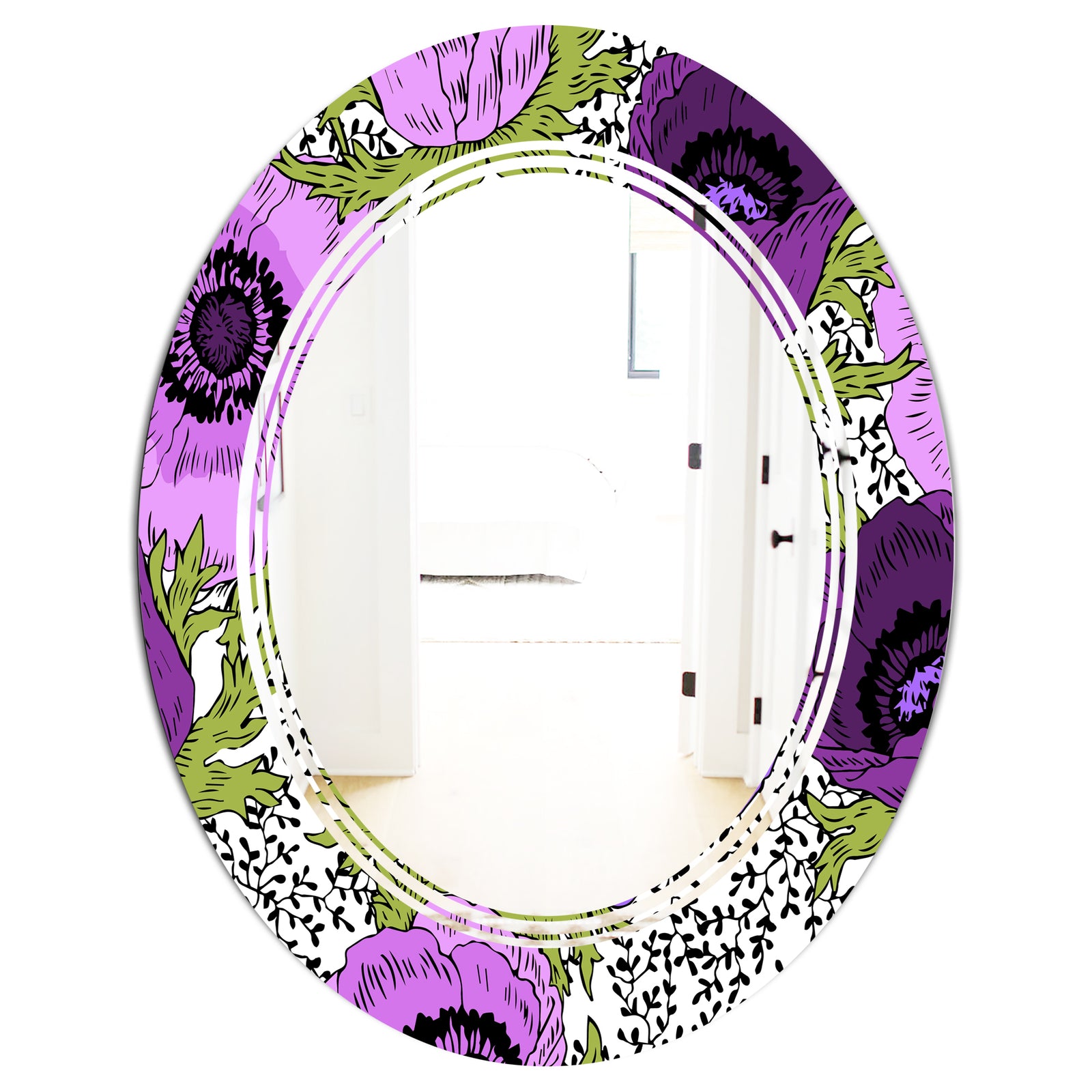 Purple Retro Fantasy Flowers - Cottage Round or Oval Wall Mirror - Triple C