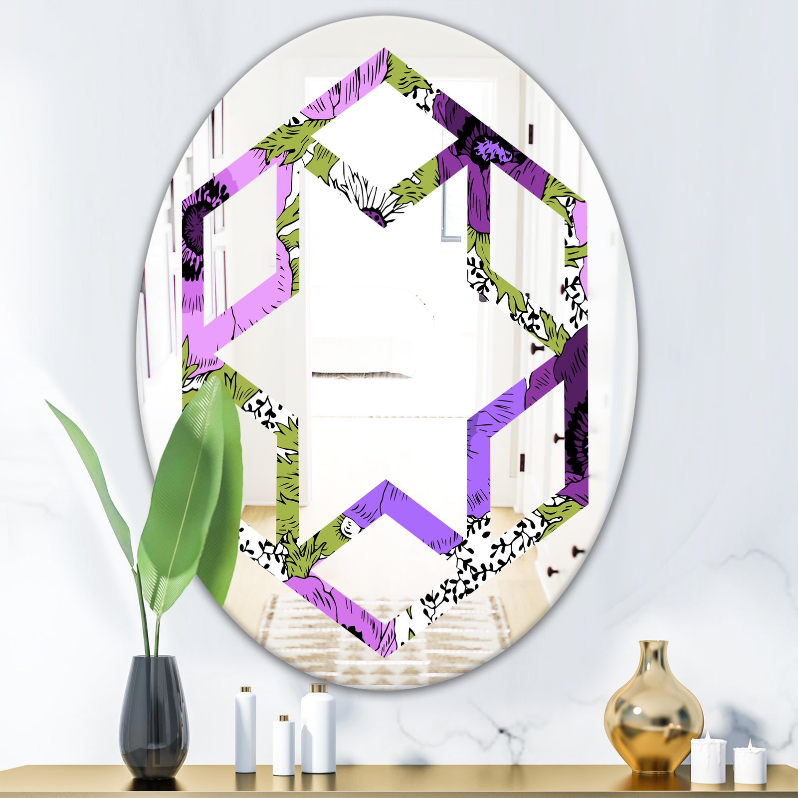 Purple Retro Fantasy Flowers - Cottage Round or Oval Wall Mirror - Hexagon Star